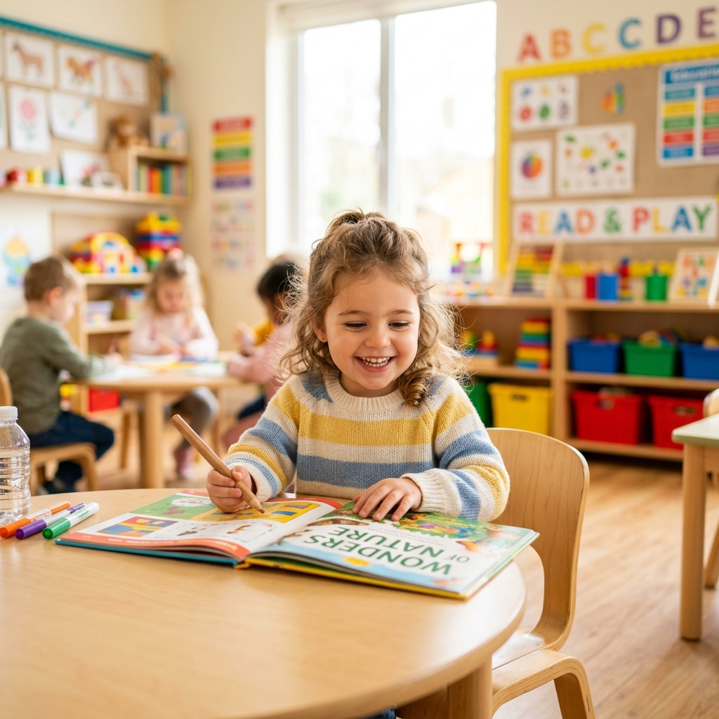 Child studying happily